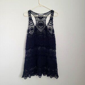 Y2k Whimsigoth Boho Black Crochet Swim Cover Up Tank Top Mini Dress Witchy Fairy